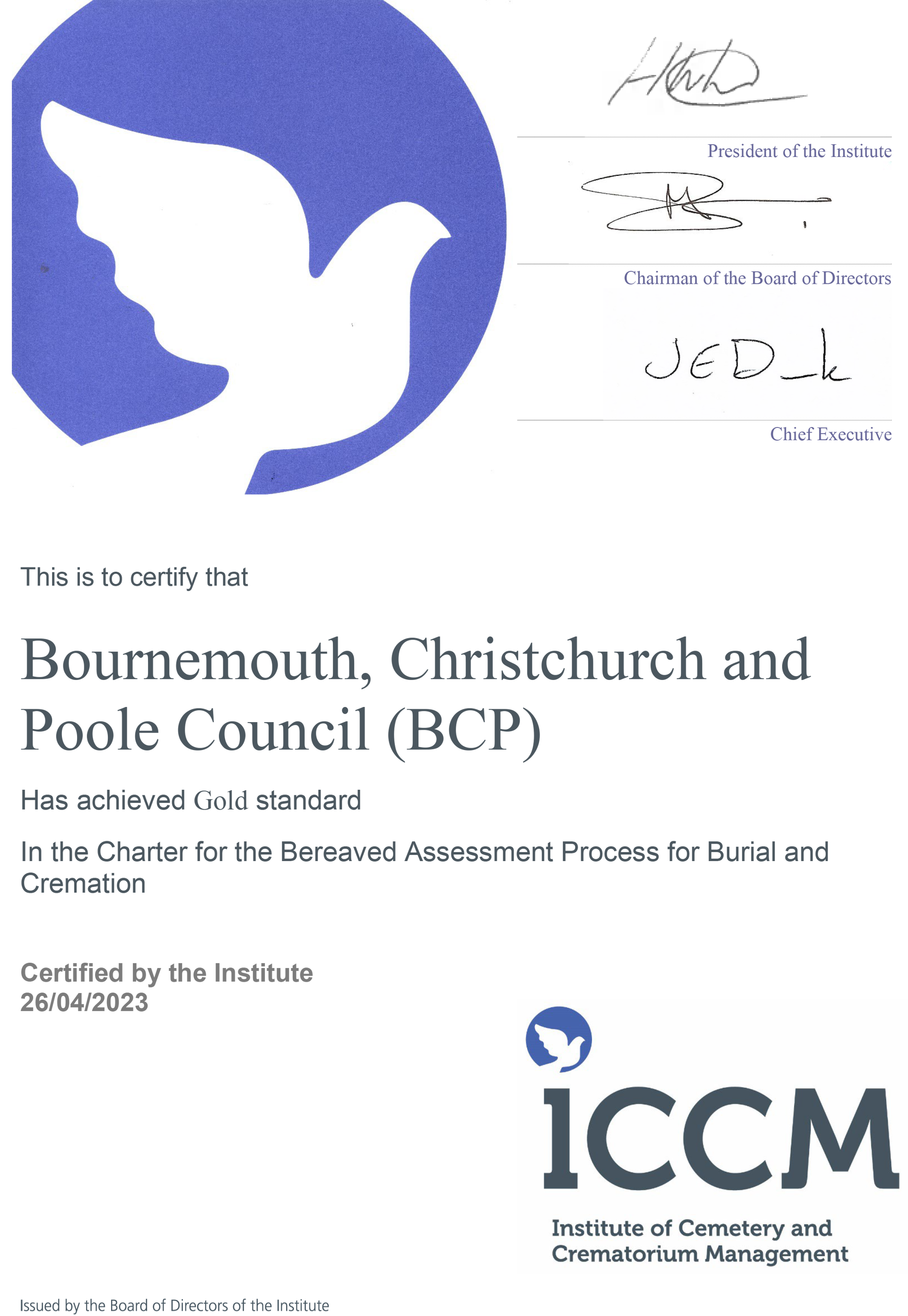 BCP Charter Certificate 2023 from the ICCM