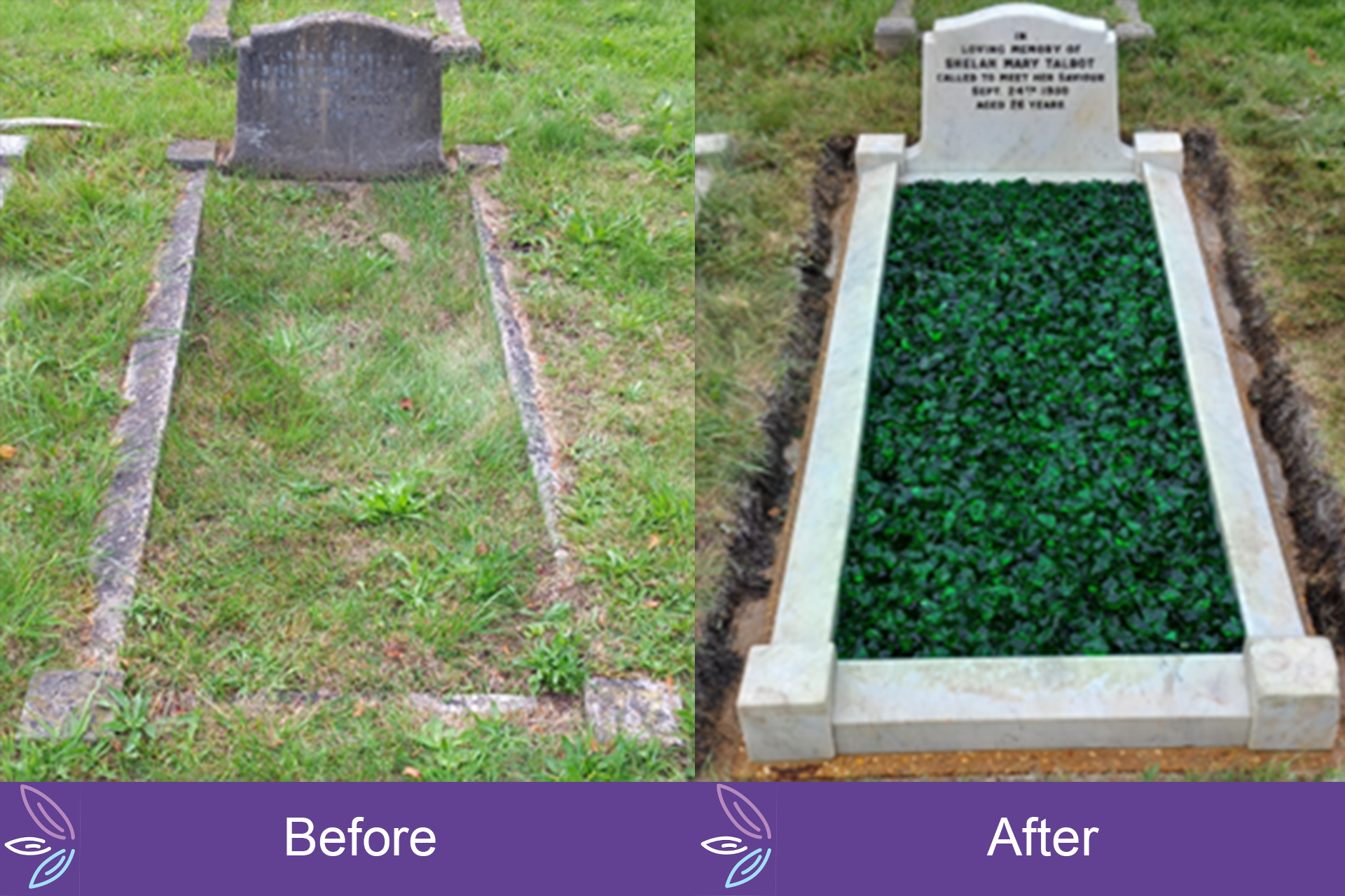 An memorial cleaning example, before and after